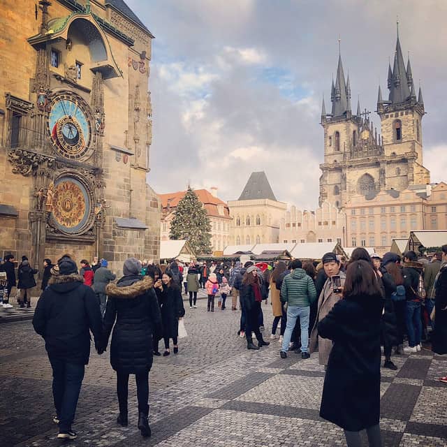 The old town square and astronomical clock in Prague