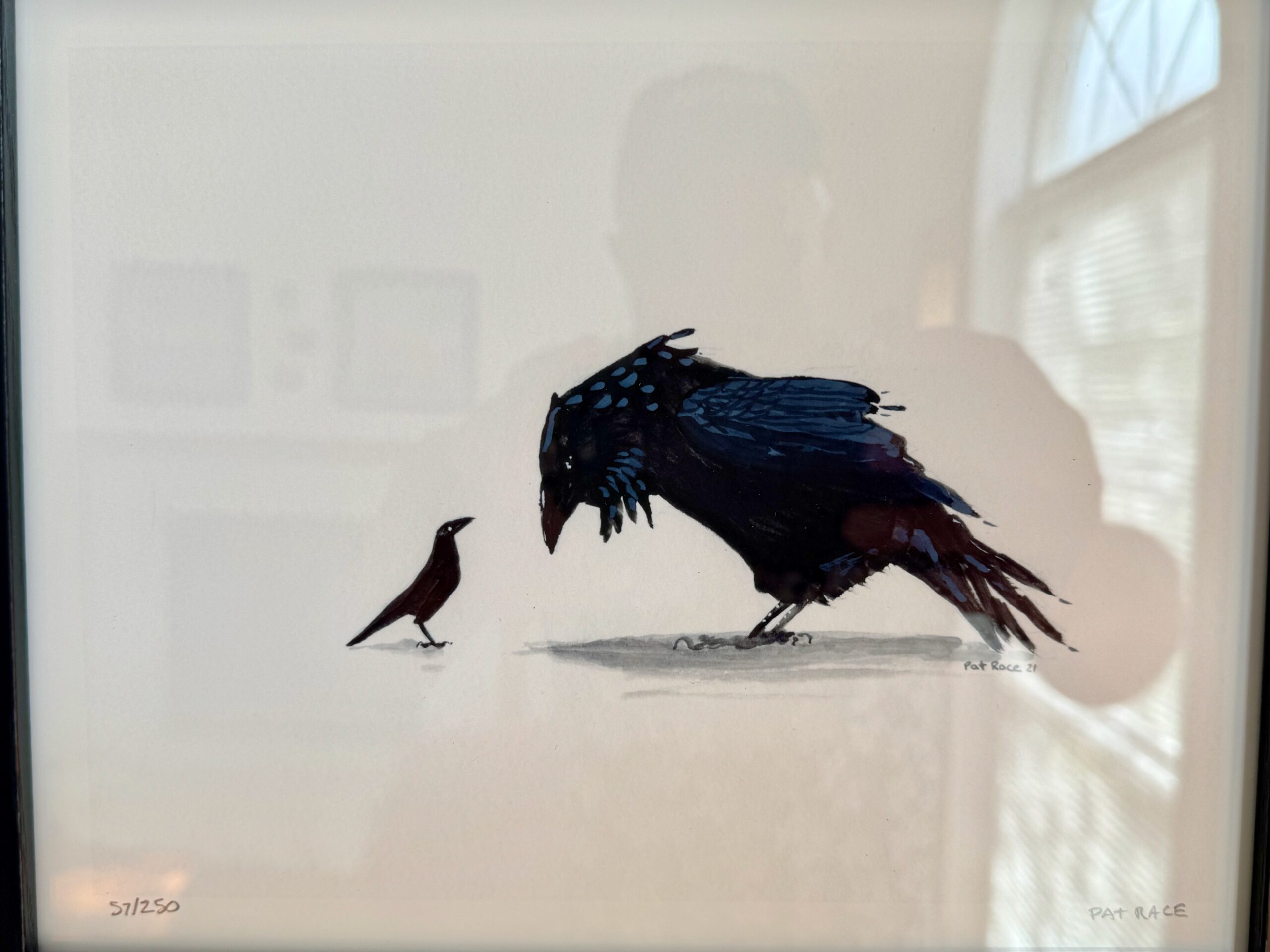 Painting of a large raven 'talking' to a smaller bird