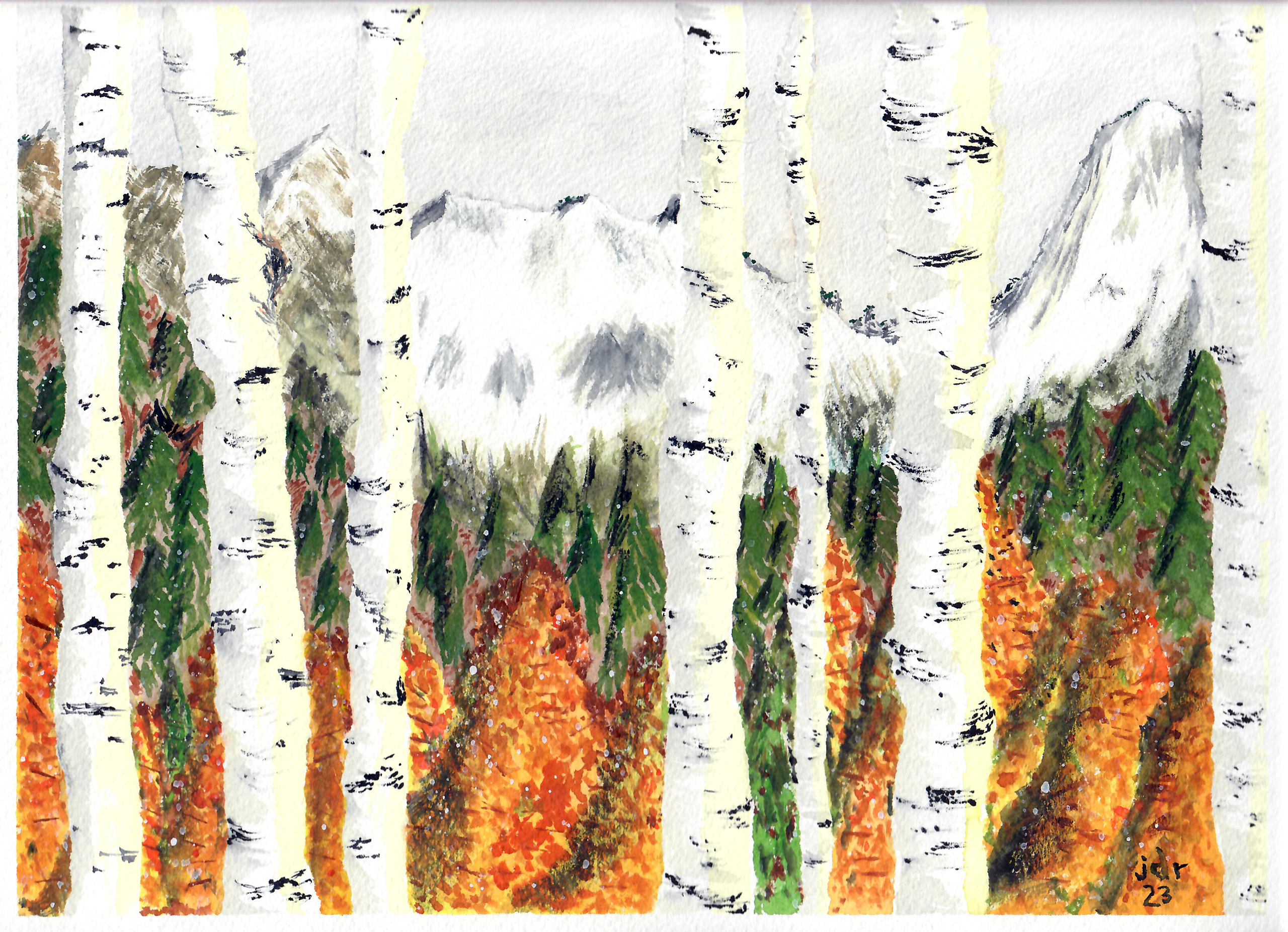 [a landscape featuring aspens against a backdrop of trees and mountains