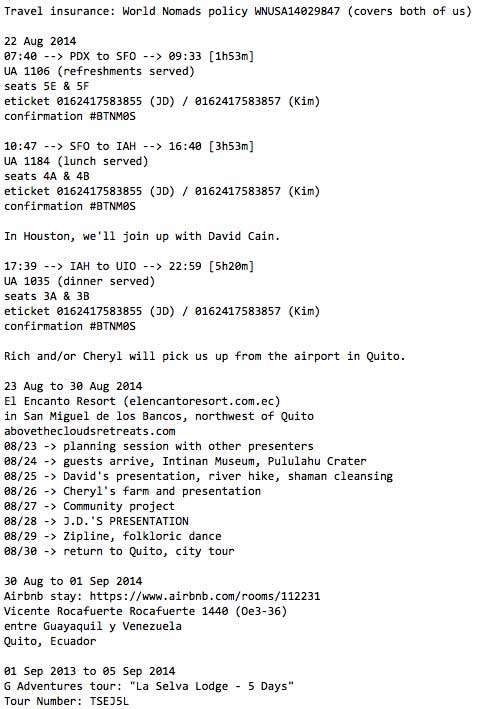 A sample travel itinerary